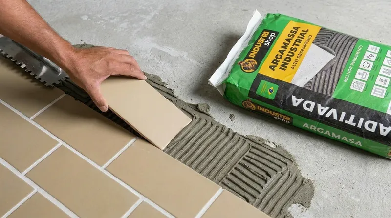 Profissional assentando peça de piso cerâmico sobre argamassa industrial Industrishop aplicada com desempenadeira dentada