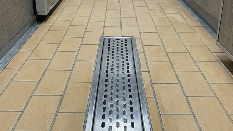 Recorte real do Piso Gail em cerâmica extrudada, com ralo linear em área industrial