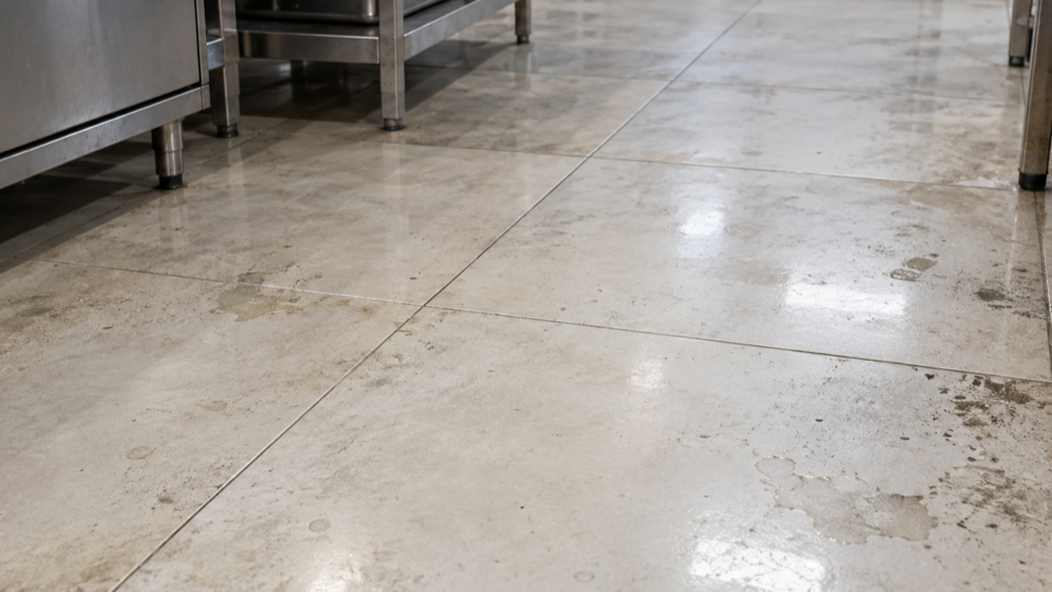 Recorte do porcelanato liso com marcas de sujeira em cozinha industrial