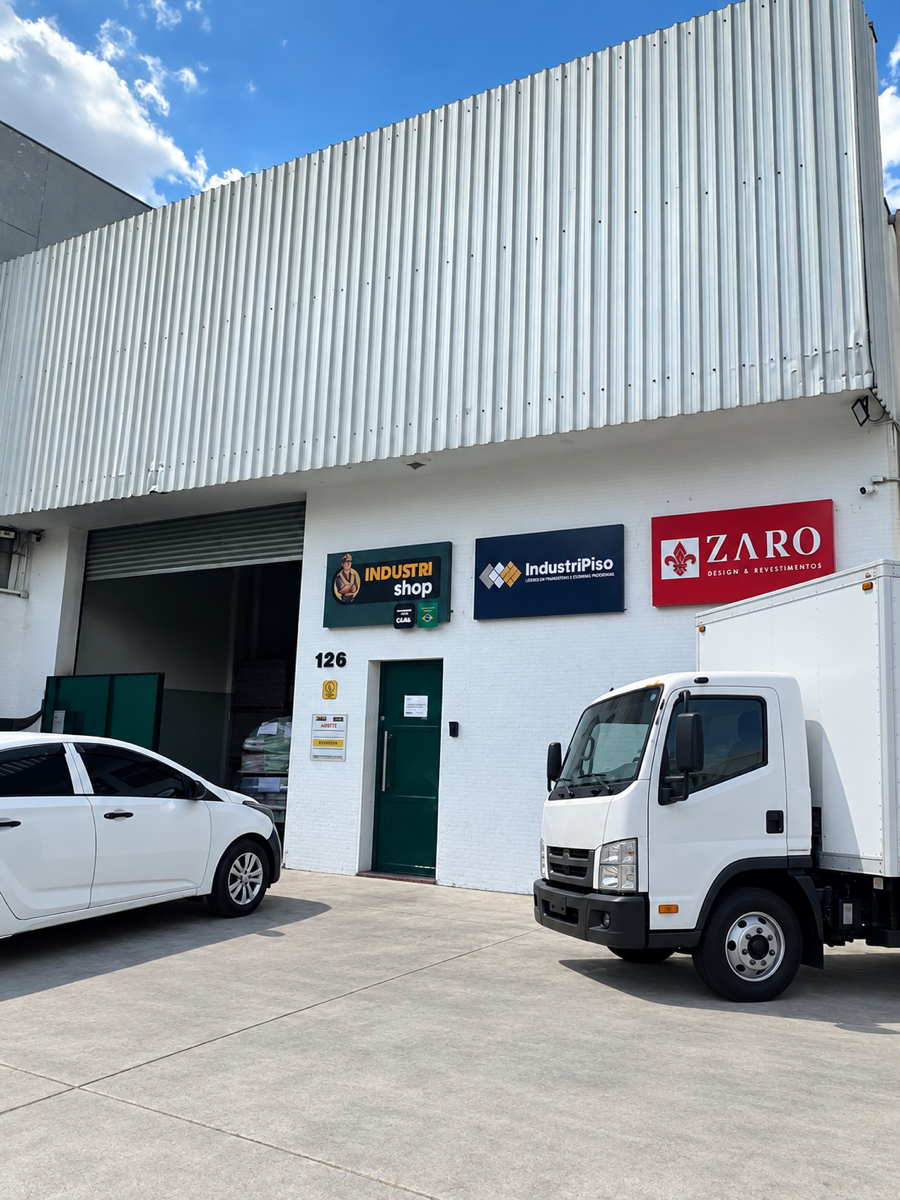 Fachada da sede da Industrishop em São Paulo, com caminhão de entrega