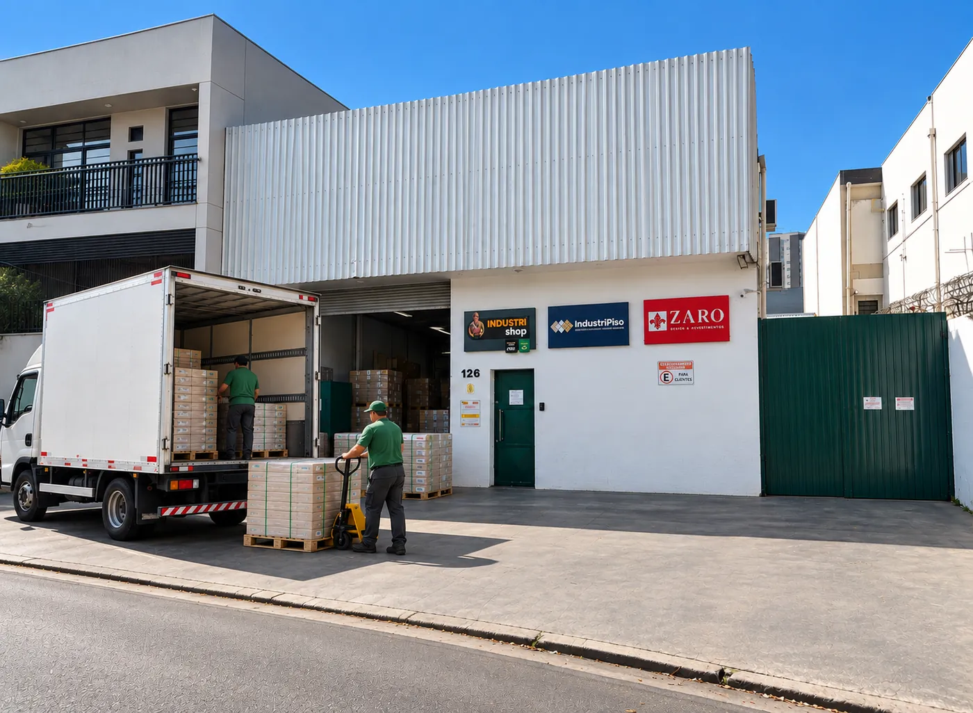 Caminhão sendo carregado com pallets de caixas de Piso Gail em frente ao galpão da Industrishop, em São Paulo — pronta entrega nacional